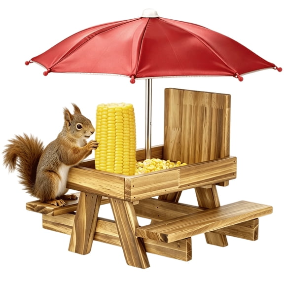 Wooden Squirrel Feeder Table with Umbrella, Outdoor Wildlife Feeding Station for Garden Tree Fence, Including Corn Cob Holder, Suitable for Chipmunks and Wild Birds