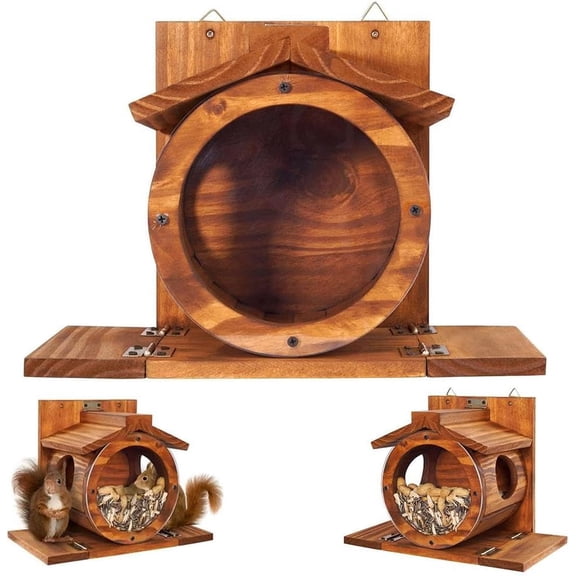 Wooden Squirrel Feeder for Outside - Weatherproof, Large Capacity with Lift-Up Lid for Squirrels & Chipmunks-dh