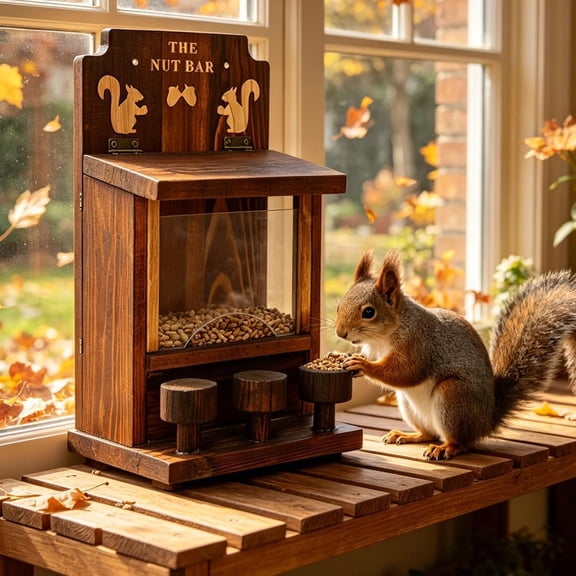 Squirrel Feeder, Wooden Nut Bar with Acrylic Shield, Tree-Mounted for Squirrels