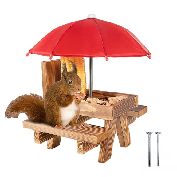Wooden Squirrel Feeder with Umbrella Outdoor Picnic Table Chipmunk Feeder