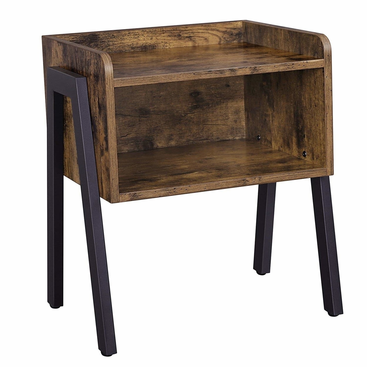 Chic Brown Wooden End Table with Black Iron Legs and Storage