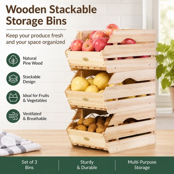 Wooden Stackable Potato and Onion Storage Bins - Kitchen Pantry Organizer, Produce Basket for Fruit and Vegetable Storage, Set of 3 Pieces