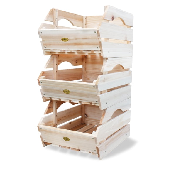 Wooden Stackable Produce Bins Set of 3 - Kitchen Pantry Storage Baskets for Potato Onion Fruit and Vegetable Organization
