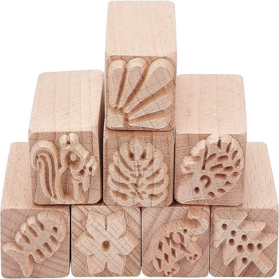Wooden Stamps Rectangle Mixed Patterns 50x20x20mm 8 patterns 1pc/pattern 8pcs/set