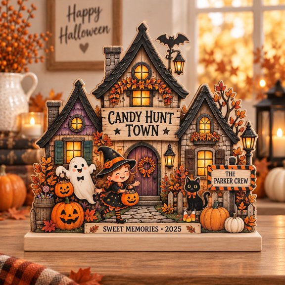 Wooden Stand Candy Hunt Town Halloween Tabletop Decor