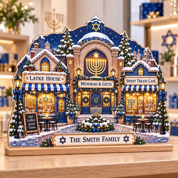 Wooden Stand Hanukkah Village Menorah Shelf Decor Jewish Gift