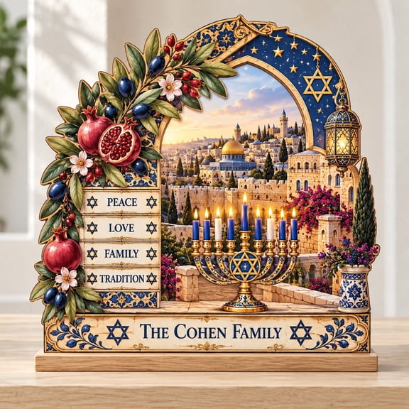 Wooden Stand Jerusalem Menorah Scene Home Decor Hanukkah Gift