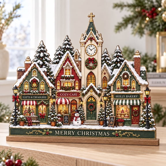 Wooden Stand Snowy Christmas Village Shelf Sitter Holiday Decor