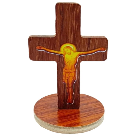 Wooden Standing Cross Statue,Religious Wooden Pocket Crosses,Hand-Carved Stress Deco Cross with Prayer Base For Table Relief