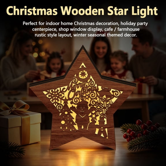 Wooden Star Night Light Featuring Intricate Cutout Design, Rustic Led Christmas Table Decorations for Farmhouse Home, Holiday Centerpiece Table Decorations, 1 Pack