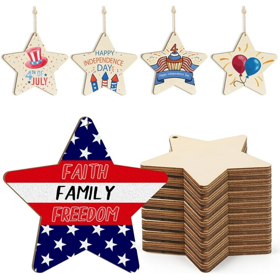 Wooden Star Ornaments to Paint, Independence Day Decoration Cutouts Unfinished 10PCS 3.5 x 3 inches, DIY 4th ofJuly Blank Wood Discs Ornament for Home Crafts Hanging Flag Day Mothers Day Decoration
