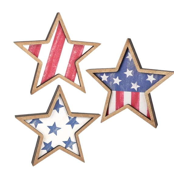 Wooden Star Shaped Tabletop Decor Set with Flag Inspired Patterns Rustic Patriotic Decorative Accents for Home Office Shelf Display
