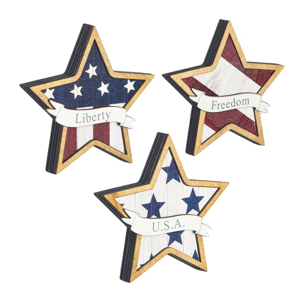 Wooden Star Shaped Tabletop Decor Set with Flag Inspired Patterns Rustic Patriotic Decorative Accents for Home Office Shelf Display