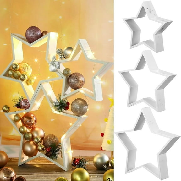 Wooden Star Tabletop Centerpiece Sign Set | Rustic Tiered Tray Decor | Fireplace Mantle Accent | 3 Sizes | DIY Craft Ornament | 3 Pack | With String Lights | Living Room Shelf Display