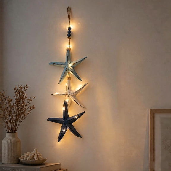 Wooden Starfish & Fish Hanging Wall Art with Warm LED Lights, Nautical Wall Decor Coastal Beach House Decoration with Rope Design for Bathroom, Porch, Living Room, Ocean Theme Home Decor