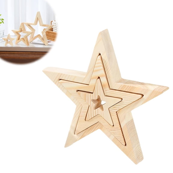 Wooden Stars, 3 Pcs Wooden Star Ornaments, Small Rustic Stars for Christmas Home Fireplace Mantle Bookshelf Tiered Tray Decor
