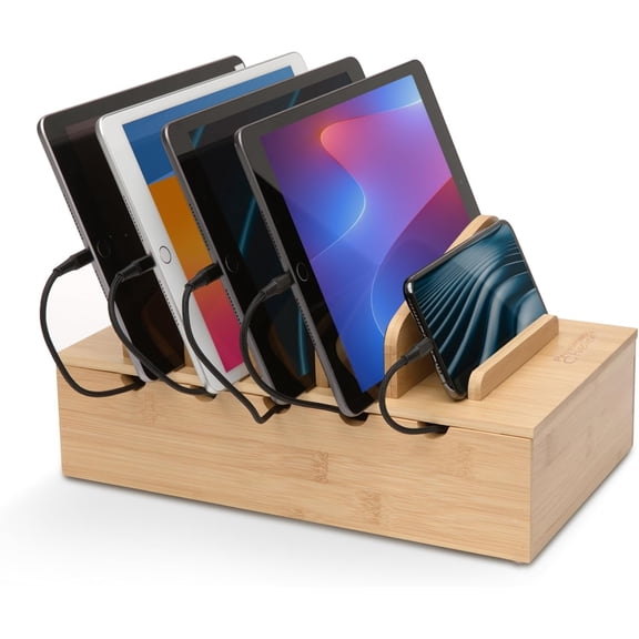 Wooden Station Organizer - 5-Port Base for Phones, Tablets and Laptops - Multi-Device Docking Station with Removable Divider Slots - Cord Box with Management -