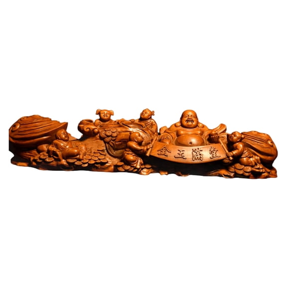 Wooden Statues Sculpture Laughing Buddha Figurine Wealth Prosperity Abundance Plenty Fortune Blessing Joy Bliss Prosperous