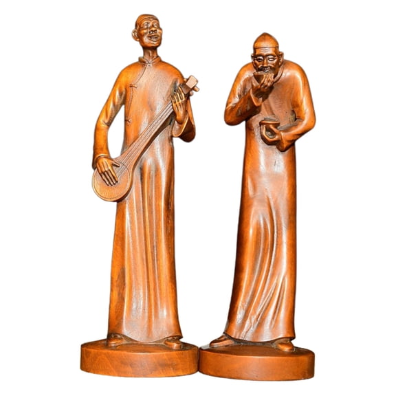 Wooden Statues Sculpture Old Beijing Figurine Chinese Folk Art Statue Wood Carved Musician Drinker Joy Leisure Harmony Nostalgia