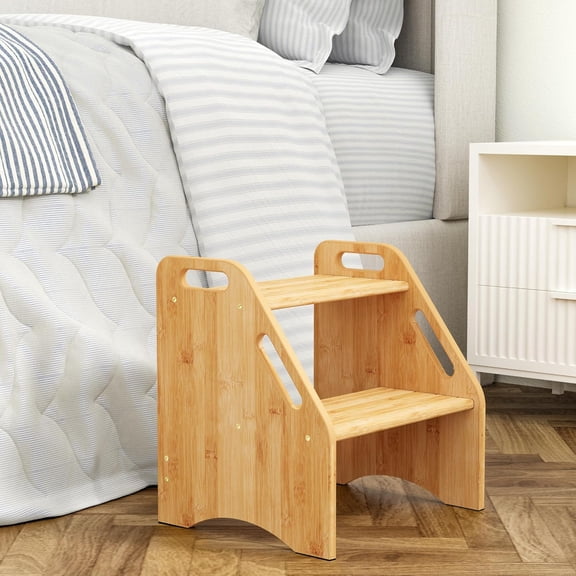 Wooden Step Stool, 15.75'' H Potty Training Toddler 300 lbs Capacity with Safety Non-Slip Pads and Handles, Kitchen Step Stools for Kids, Bamboo Step Stool for Bathroom, High Beds (Natural)