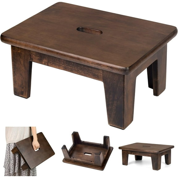 Wooden Step Stool (16.5" Dx12 Wx9 H) Bed Steps for High Beds for Adults - Natural Solid Wood One Step Stool, Heavy Duty- Holds up to 600Lbs- Perfect Safety (9in Height-Walnut)