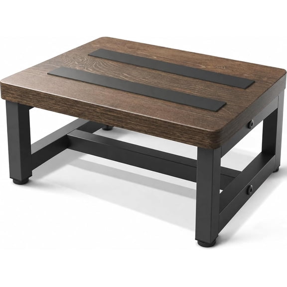 Wooden Step Stool for Adults, Heavy Duty Stepping Stool with Non-Slip Rubber Feet & Adjustable Feet, Bed Steps for High Beds, Bathroom, Kitchen & Office (Brown)