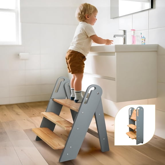 Wooden Step Stool, Foldable Kitchen Stool Helper for Kids,Standing Helper for Bathroom,Sink,Anti-Slip,265lbs,Grey