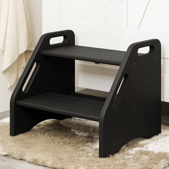 Wooden Step Stool - Two-Step 300 lbs Capacity With Safety Non-Slip Pads and Handles, Bamboo for Bathroom, Kitchen, Dual Height for Adults (Black)