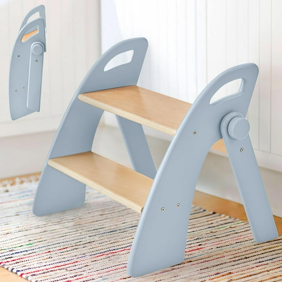 Wooden Step Stool, Two Step Stools, 300 lb. Load Capacity, with Safety Non-Slip Pads and Handles, Bamboo Step Stool for Bathroom and Kitchen, Children's Double Height Step Stools (Blue)