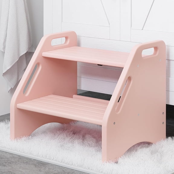 Wooden Step Stool, Two Step Stools Toddler 300 lbs Capacity with Safety Non-Slip Pads and Handles, Bamboo Step Stool for Bathroom, Kitchen Step Stools Dual Height Step Stools for Kids (Pink)