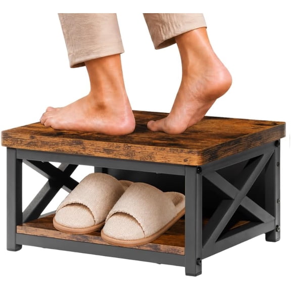 Wooden Step Stool for Adults  8 Bed Step Stool with Storage Shelf, Anti-Slip Feet, Heavy-Duty Steel Frame, 500 lb Capacity  Rustic Brown