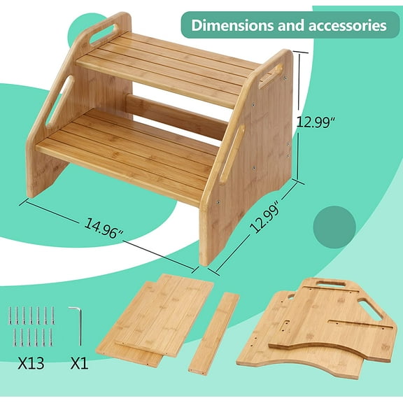Wooden Step Stool for Kids, 300 LBS Capacity with Non-Slip Pads and Handles, Stool for Bathroom & Kitchen