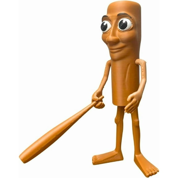 Wooden Stick Figurine – Brown Character with Bat, 5.1 in Height