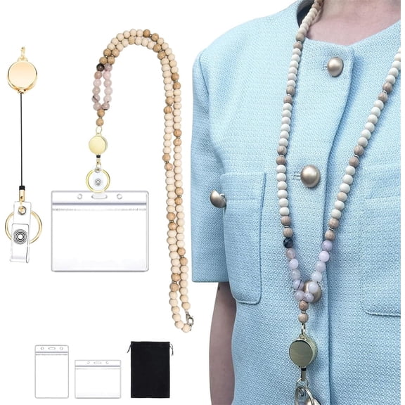 Wooden Stone Beaded Lanyard,ID Badge Lanyards for Teacher,Retractable Lanyard Necklace,Personalized Keychain Lanyard,Stylish Lanyard String for Keys,Cruise Ship Cards,Work ID (Style B)