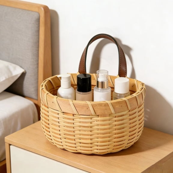 Wooden Storage Basket, Hanging Kitchen Basket, Imitation Weaving Wall Mounted Organizer For Garlic Ginger Scallion Egg And Miscellaneous Items, Rustic Solid Wood With Faux Leather Handles