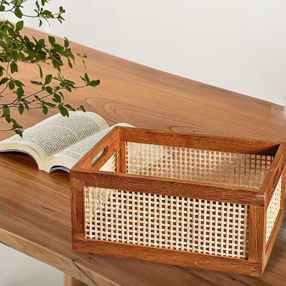 Wooden Storage Basket with Rattan Cane Webbing, Brown, Handles, Book, Office, Desktop Basket,11.8X7.9 Inch