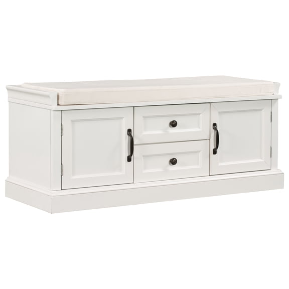 Wooden Storage Bench, Entryway Storage Bench with 2 Cabinets and 2 Drawers, Rustic Shoe Bench Storage Bench with Removable Cushion, Organizer Storage Bench,for BeadRoom, Entryway, Hallway, White