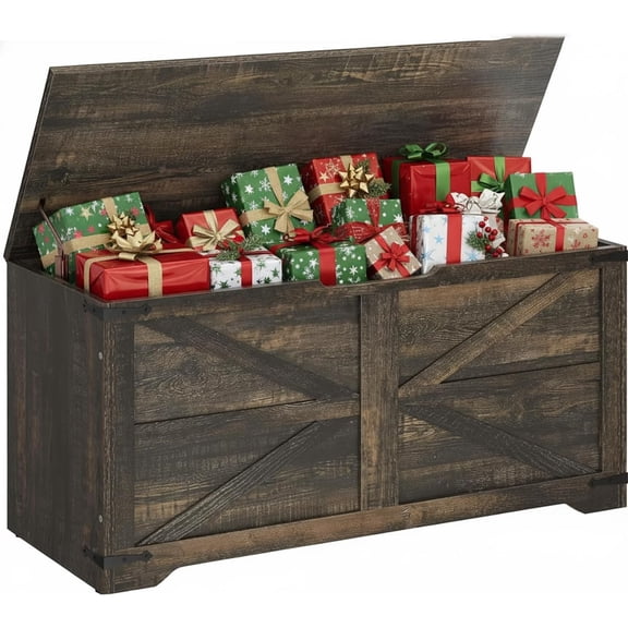 Wooden Storage Bench, Farmhouse Storage Chest with Safety Hinges, Entryway Shoe Organizer, Multi-Use Storage for Living Room/Bedroom, 39.4" L, Dark Rustic Oak