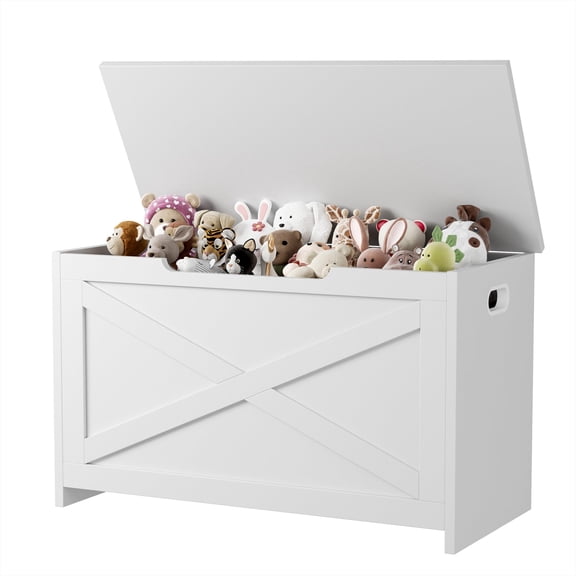 Wooden Storage Bench with Safety Hinge, 23.6" Farmhouse Retro Storage Chest Trunk, Multifunctional Ottoman Footrest & Shoe Bench, Space-Saving Organizer for Bedroom Entryway Living Room