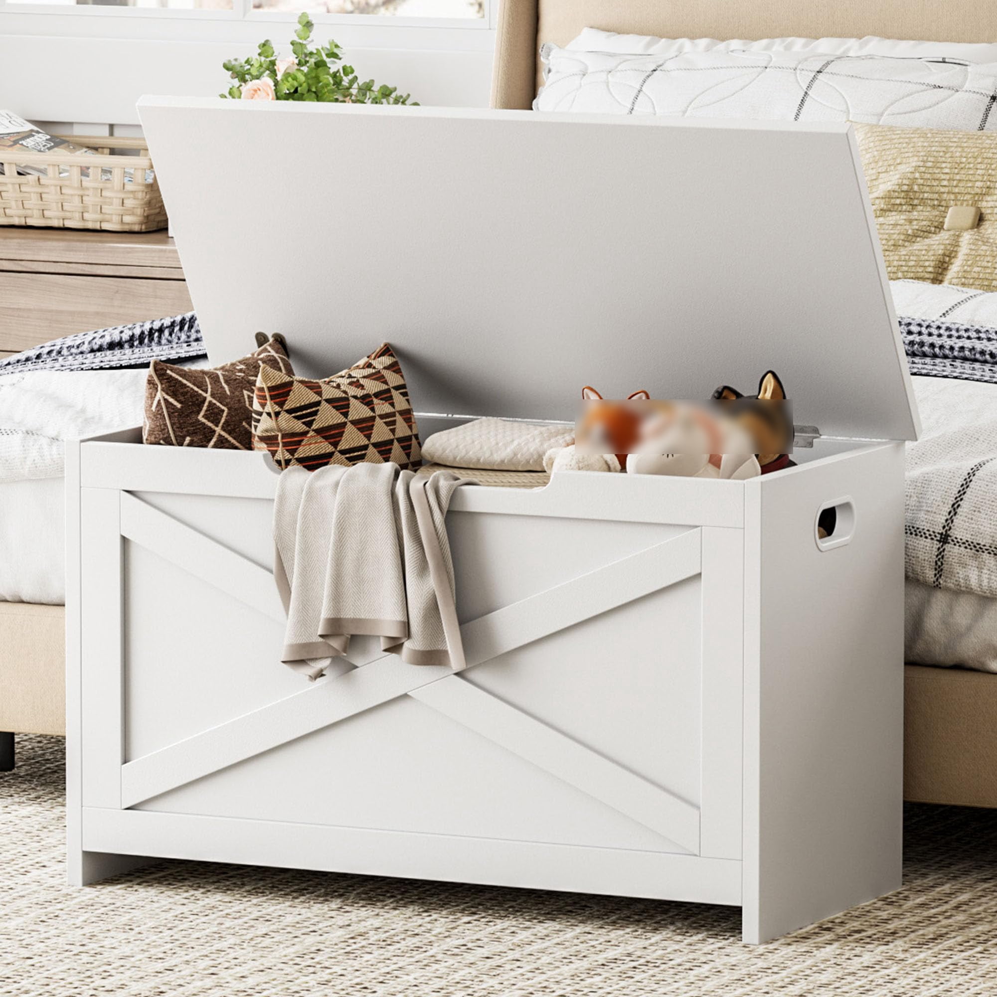 HOMCOM 30" Farmhouse Storage Bench - Lift Top Chest With Safety Hinge, Gray Wood Grain Finish