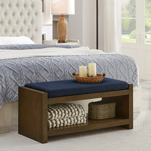 Wooden Storage Benches 40" Accent Bench with Lower Shelf Shoe Rack, Padded Seating Bench for Living Room, Modern Compact Bed End Bench with Storage for Bedroom Seating, Removable Cushion, 40"W- Navy
