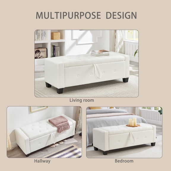 Wooden Storage Benches 48" Ottoman Bench with Storage, Bench for Bedroom,Living Room,Hallway, Upholstered Tufted Faux Leather PU Ottoman Ivory White,Indoor Storage Benches