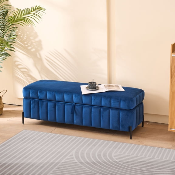 Wooden Storage Benches 49.21" Wide Upholstered Velvet Storage Soft Bench Footstool Ottoman End of Bed with Metal Legs, Foot Rest for Living Room, Entryway and Bedroom. Navy,Indoor Storage Benches