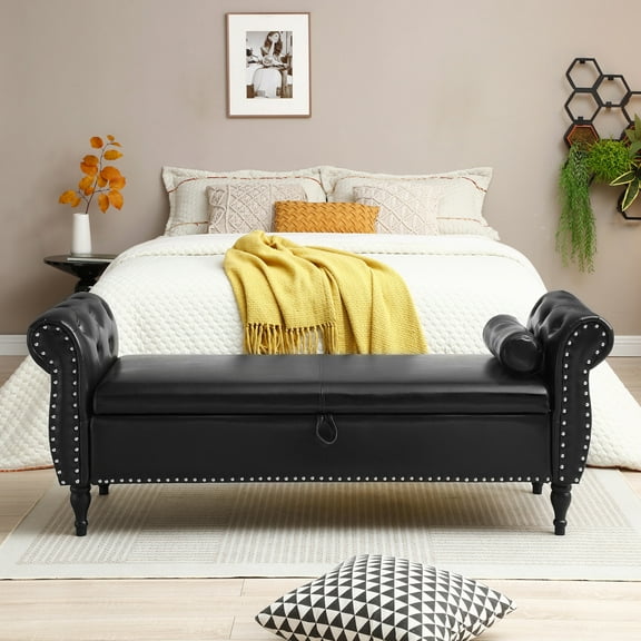 Wooden Storage Benches 63" PU Upholstered End of Bed Bench Flip Top Entryway Ottoman with Safety Hinge Storage Rectangular Sofa Stool Buttons Tufted Nailhead Trimmed Solid Wood Legs with 1 Pillow,Bla