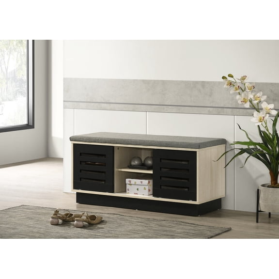 Wooden Storage Benches Brio 38.5"W Oak Finish Shoe Cabinet with Sliding Doors, Upholstered Top,Indoor Storage Benches