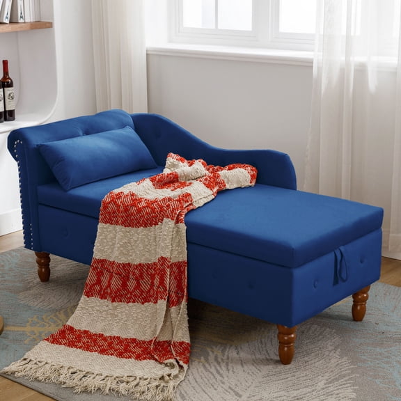 Wooden Storage Benches Navy Blue Chaise Lounge Indoor,Velvet Lounge Chair for Bedroom with Storage & Pillow,Modern Upholstered Rolled Arm Chase Lounge for Sleeping with Nailhead Trim for Living Room