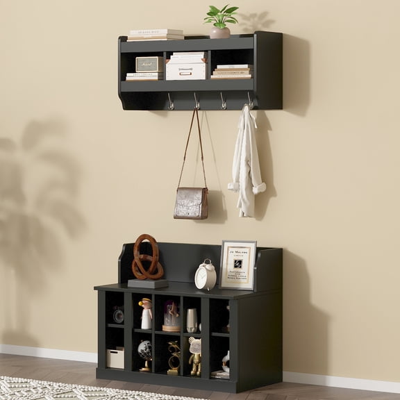 Wooden Storage Benches ON-TREND Shoe Storage Bench with Shelves and 4 Hooks, Elegant Hall Tree with Wall Mounted Coat Rack, Entryway Organizer For Hallway, Foyer, Mudroom, Black,Indoor Storage Benche