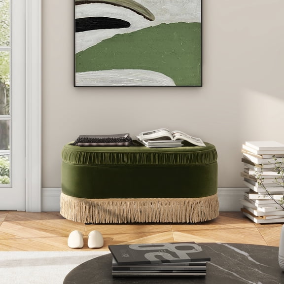Wooden Storage Benches Serena 38" Oval Storage Bench Ottoman, Olive Green Performance Velvet,Indoor Storage Benches
