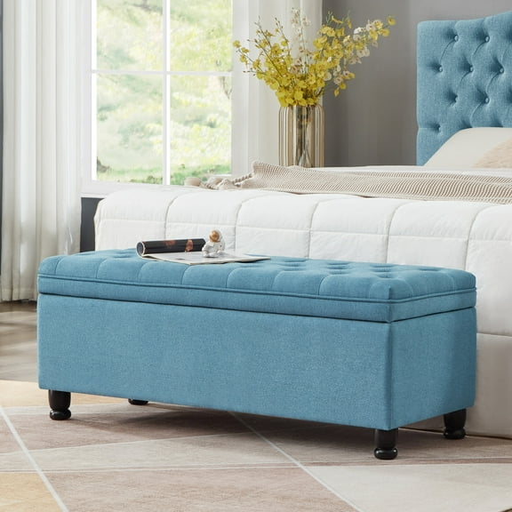 Wooden Storage Benches Upholstered tufted button storage bench ,Linen fabric entry bench with spindle wooden legs, Bed bench- Light Blue,Indoor Storage Benches