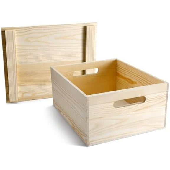 Wooden Storage Box 15 x 12 x 7 Inches Pine Wood Decorative Crate Box with Hand Holes and Lid Plain Unpainted Wooden Storage Bins for Home Decor Wine Tool Kitchen Arts Crafts